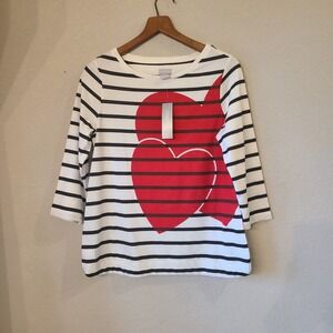 Chicos Shirt Women Size Knit Top 0 Red Heart Blouse Black Stripe 3/4 Sleeves NWT